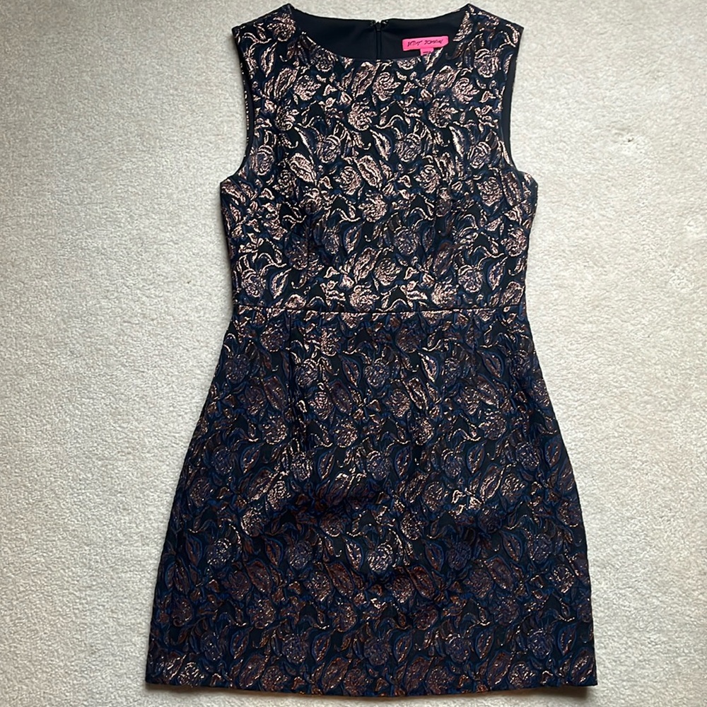 Betsey Johnson Woman’s Holiday Dress in blue with bronze flower pattern. Sz 6